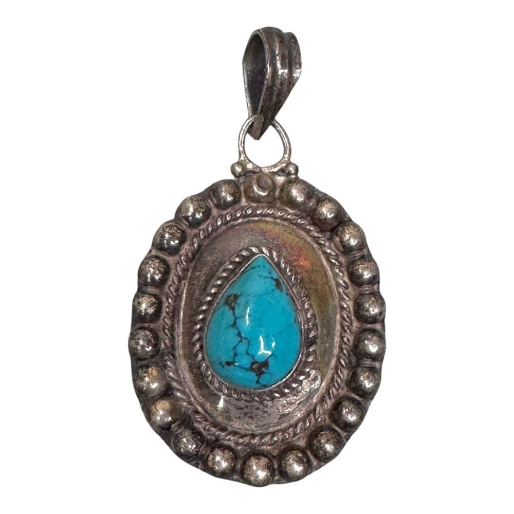 Vintage 925 Sterling Silver Turquoise Pendant Natural Old Pawn Oval Design 1.75”
